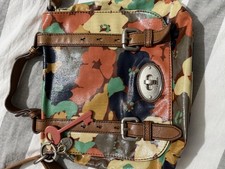 Ladies FOSSIL Key-Per Floral Coated Cotton Leather Trim Crossbody Bag Handbag