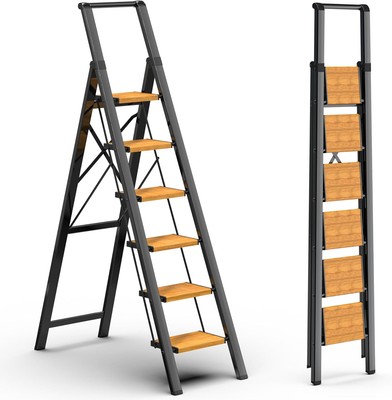 GameGem 6 Step Ladder for 12 Feet High Ceiling, 6 Step, Black+woodgrain 