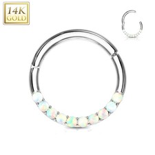 14K Solid Gold Opal Lined Hinged Segment Hoop Ring Septum Daith Tragus