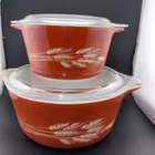 Set of 2 Vintage Pyrex Autumn Harvest Wheat Casserole Dish 473 B &475 B w/Lids