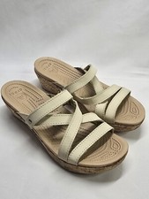 Crocs A Leigh Beige Leather Cork Wedge Heel Strappy Size 7