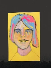 Woman Portrait Painting Naive Outsider 4x6 Wall Art Yellow April Fool