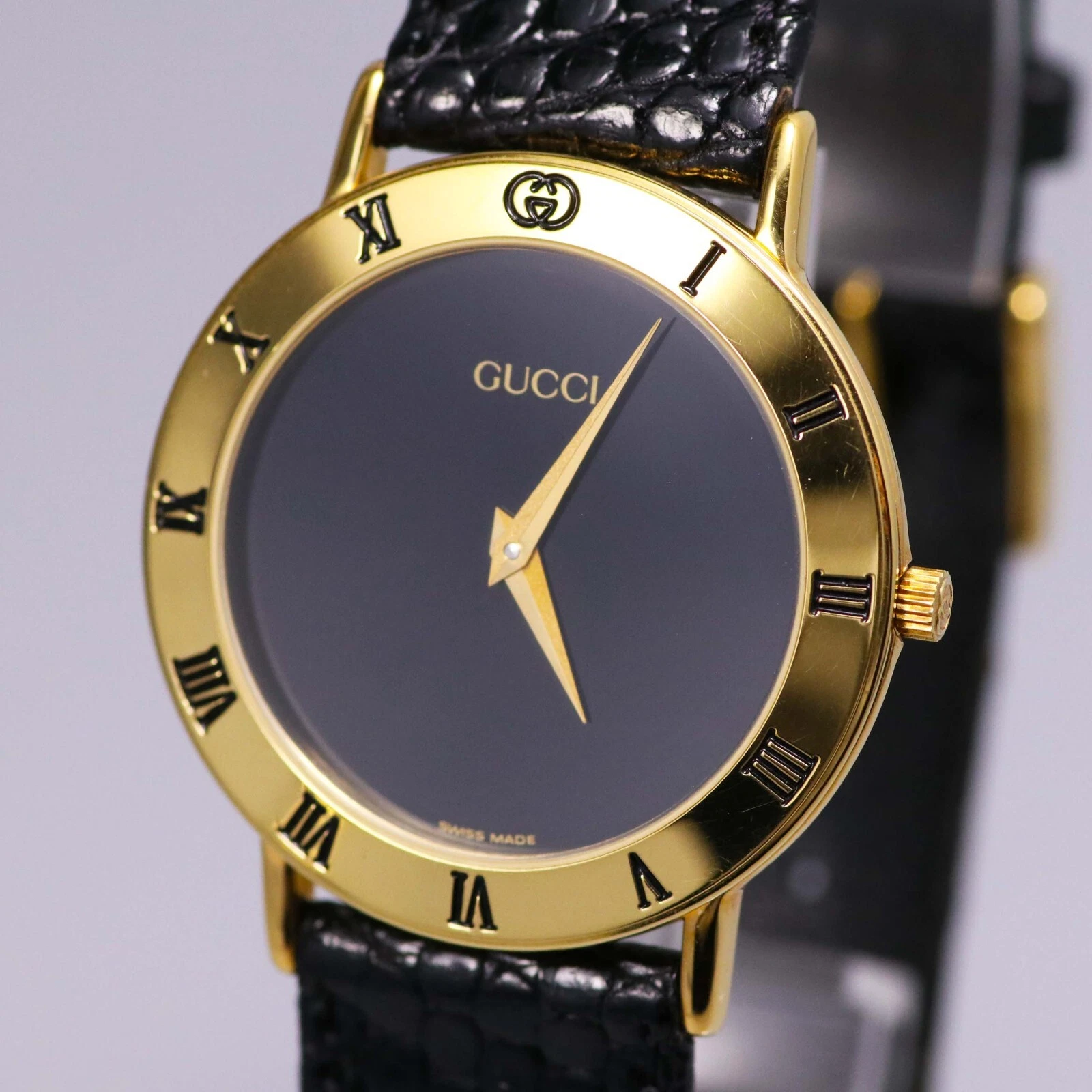 *N.MINT/BOX.BOOK*GUCCI 3000.2.M cadran noir GP/SS 33mm montre à quartz pour homme   suisse
