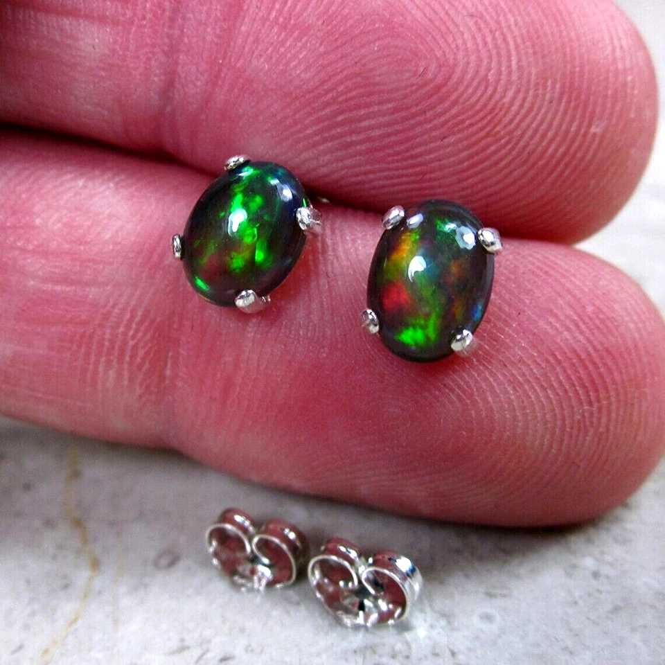 Aretes naturales de plata de ley 925 con piedras preciosas de cabujón de ópalo negro para mujer Foto 2 de 4