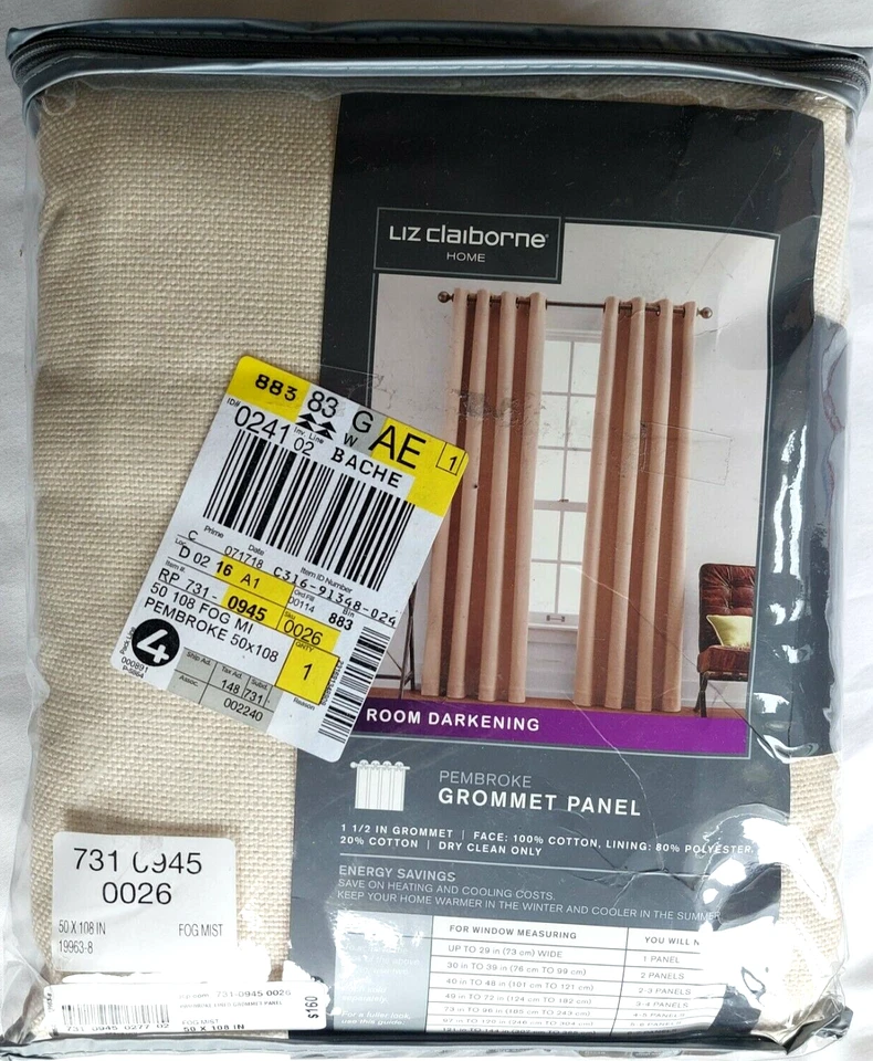 Liz Claiborne Fog Mist Pembroke Lined Grommet Panel 50"x108" - Image 2 of 2