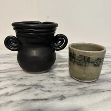 Studio Art Pottery Monstera William Bill Creitz Black Ceramic Vase Plus Cup