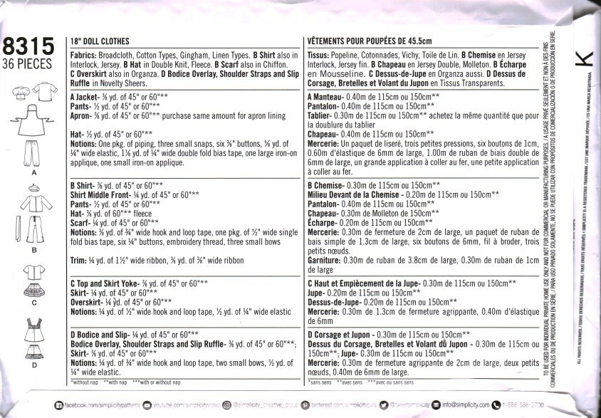 8315 UNCUT Simplicity Sewing Pattern 18" Doll Wardrobe Dress Pants Top Apron Hat - Image 2 of 2