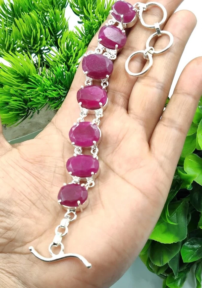 Natural Pink Ruby Gemstone 925 Sterling Silver Jewelry Bracelet Size-7-8" - Image 2 of 4
