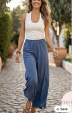 NEW Zenana Dusty Blue Wide Leg Lounge Pants Size MED Coastal Cozy Chic Pullon