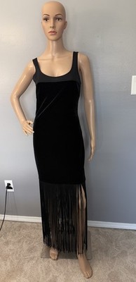 J S Collection Black Velvet Fringe Dress Flapper 20's Slinky Party Mini Maxi 6
