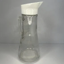 Vintage 34 oz Syrup Pitcher 2 Part Lid Dispenser 12” Tall Clear Glass White Lid