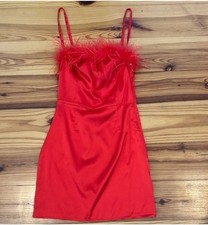 EUC White Fox Red Feather Trim Satin Mini Dress XS