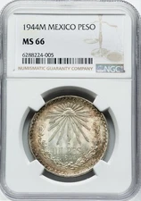 1944M Mexico Silver Peso NGC MS66 Liberty Cap Radiant Design Gem High Grade