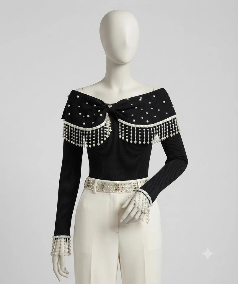 Vintage Boutique Pull noir tricot Bardot épaules dénudées perles franges 42 - Photo 2/4