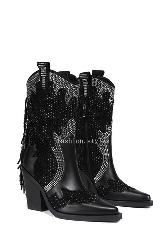 Botas occidentales de moda para mujer punta puntiaguda diamante borla tacón bloque zapatos QAAS - Imagen 24 de 25