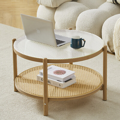 Modern Round 27.5'' Rattan Coffee Table Glass Metal 2-Tier Side Table Living Room