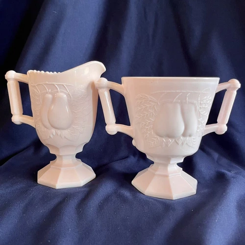 VTG Jeanette Pink Milk Glass Cream Pitcher & Sugar Bowl Baltimore Pear EX. COND.