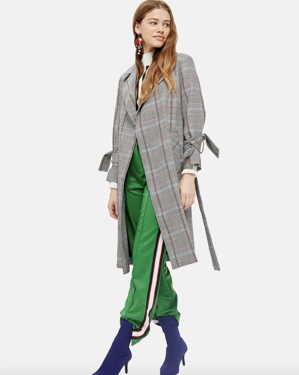 Topshop TALL grey checked houndstooth trench coat tie cuff size 12
