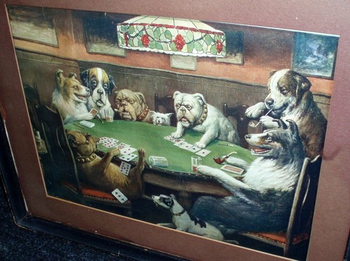 RARE ORIGINAL ANTIQUE LITHOGRAPH PRINT OF DOGS PLAYING CARDS IN ORIGINAL FRAME - Picture 24 of 24