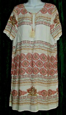 NEW $44 Red Clover GLAM TRIBAL PRINT V-NECK TASSEL WOVEN RAYON SHIFT SUN DRESS L