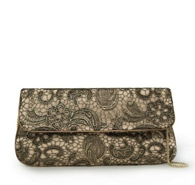 MANGO (ZARA GROUP) BLACK GOLD METALLIC GUIPURE LACE Clutch Bag