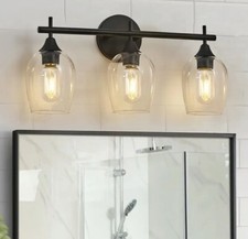 3-Light Matte Black Modern Bathroom Vanity Lighting Fixture w Clear Glass Shade