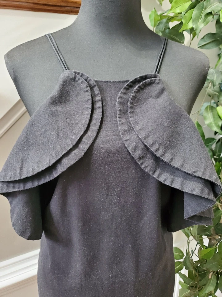 Vestido de cocktail feminino My Story preto sólido linho e algodão com tiras e babados tamanho M - Imagem 3 de 4