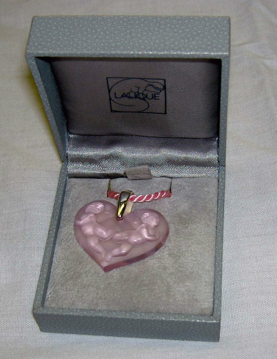 Authentic LALIQUE France Pink Heart Angel Cherub Crystal Pendant