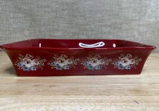 Scalloped Ceramic Baking Dish Casserole Pan Red Flowers  Decor