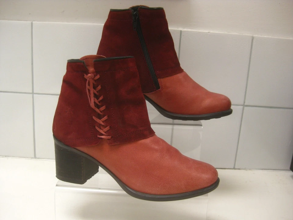 FLY LONDON BOOTS 5 red gold suede leather gaitor laces steampunk bootie mid heel