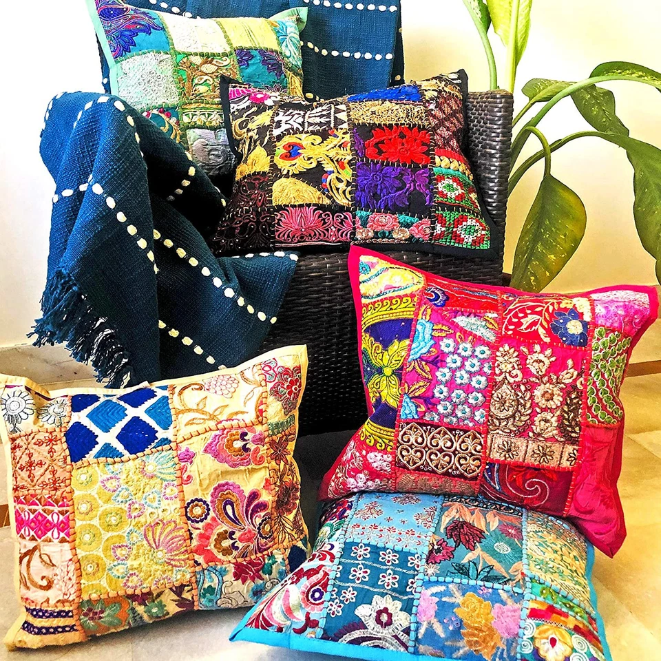 Indian 5 PCs Lot Multi Cushion Cover Patchwork Square Pillow Case 16x16"Handmade - Image 2 of 4