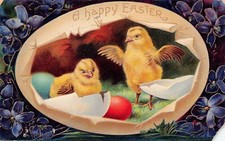Antique Easter Card Fantasy Chicks Shabby Cottage Design Vtg Postcard D19