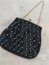 Vintage Hand-Beaded Black Chevron Evening Bag with Rhinestones