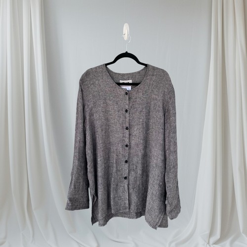 Vintage Flachs 100% Leinen Top Damen L Oversize Knopf Minimalistisch Lagenlook Grau