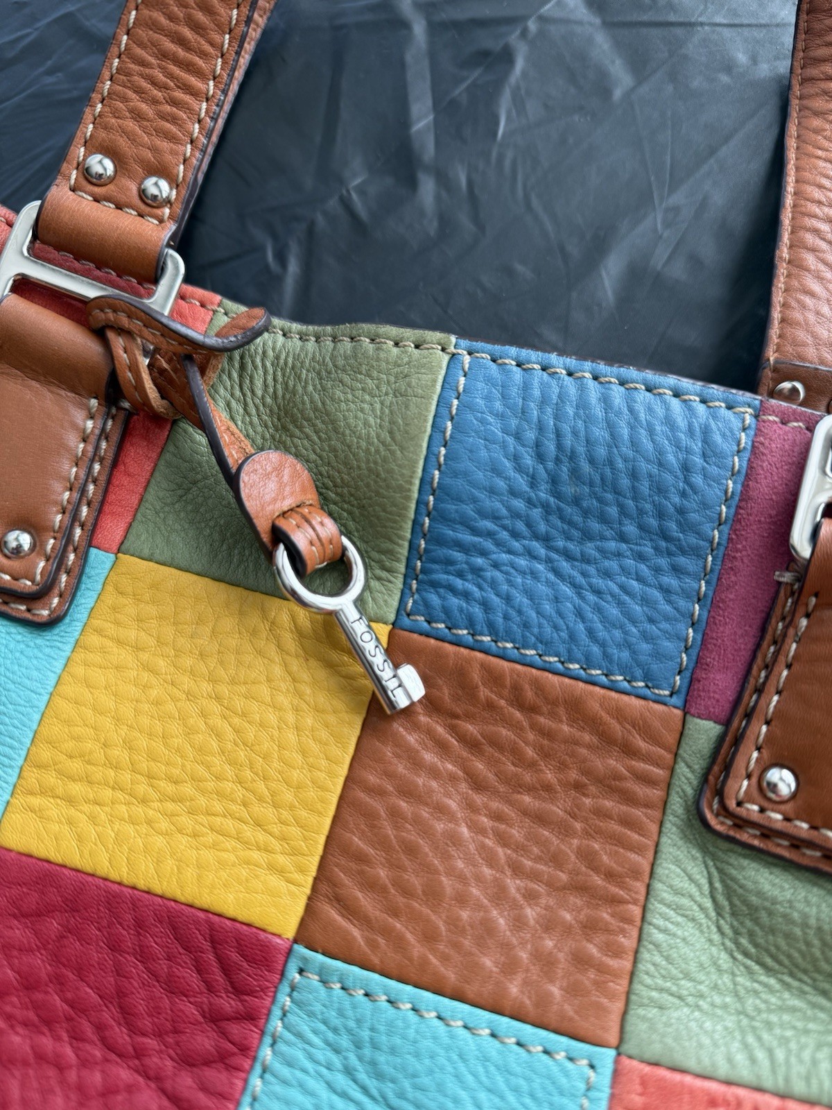 Fossil Patchwork Multicolor Shoulder Bag with Key… - image 2