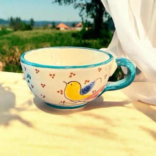Vintage Italian Tea Espresso Cup  Hand Painted Bird Flower 3" x 1.5"