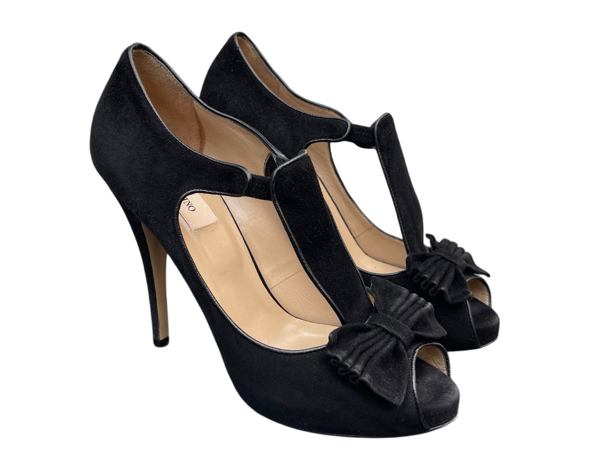 Valentino Garavani Black Suede Peep-Toe Stiletto Platform Pumps Size IT