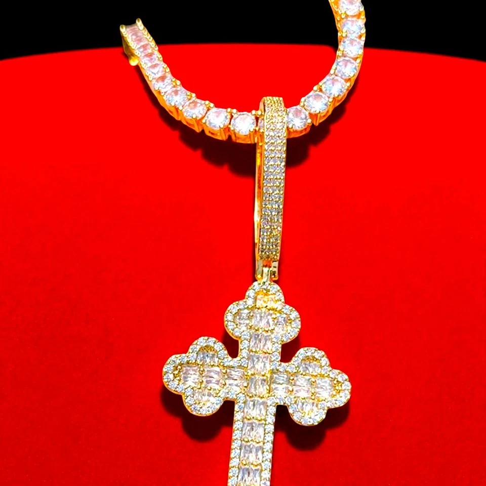 Colgante Cruz Trébol Helado Baguette Para Hombres con Cadena de Eslabones-Collar Bling Hip Hop Foto 3 de 3