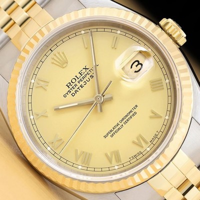 ROLEX MENS DATEJUST 16233 18K GOLD STEEL TWO-TONE CHAMPAGNE ROMAN DIAL WATCH