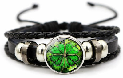 Lucky Four Leaf Clover Braided Leather Bracelet St. Patrick's Day Charm Bangle