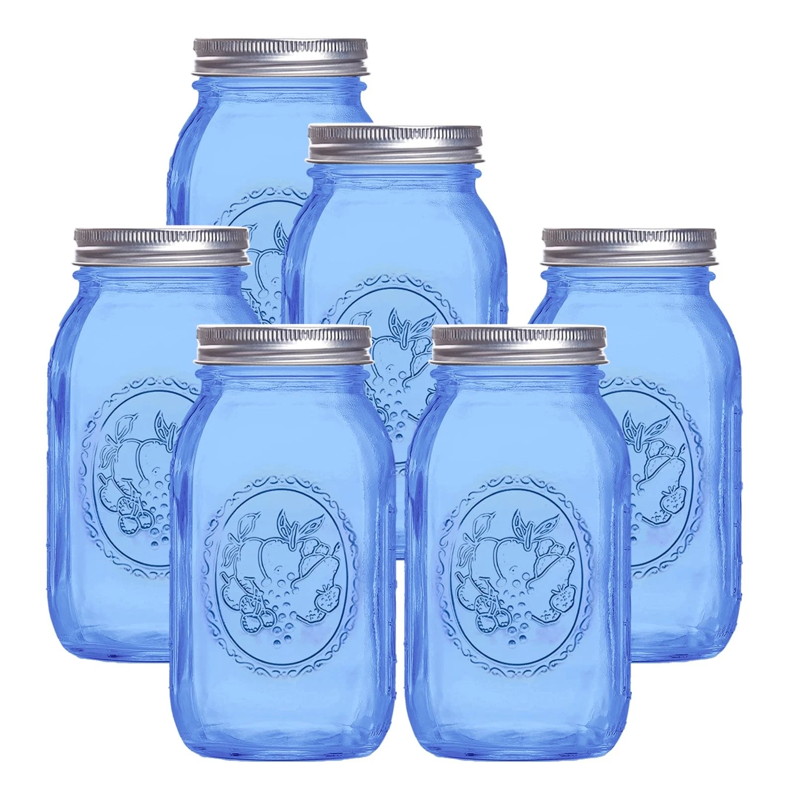 eleganttime Regular Mouth Mason Jars 32 oz,6 Pack Blue Glass Blue-Regular