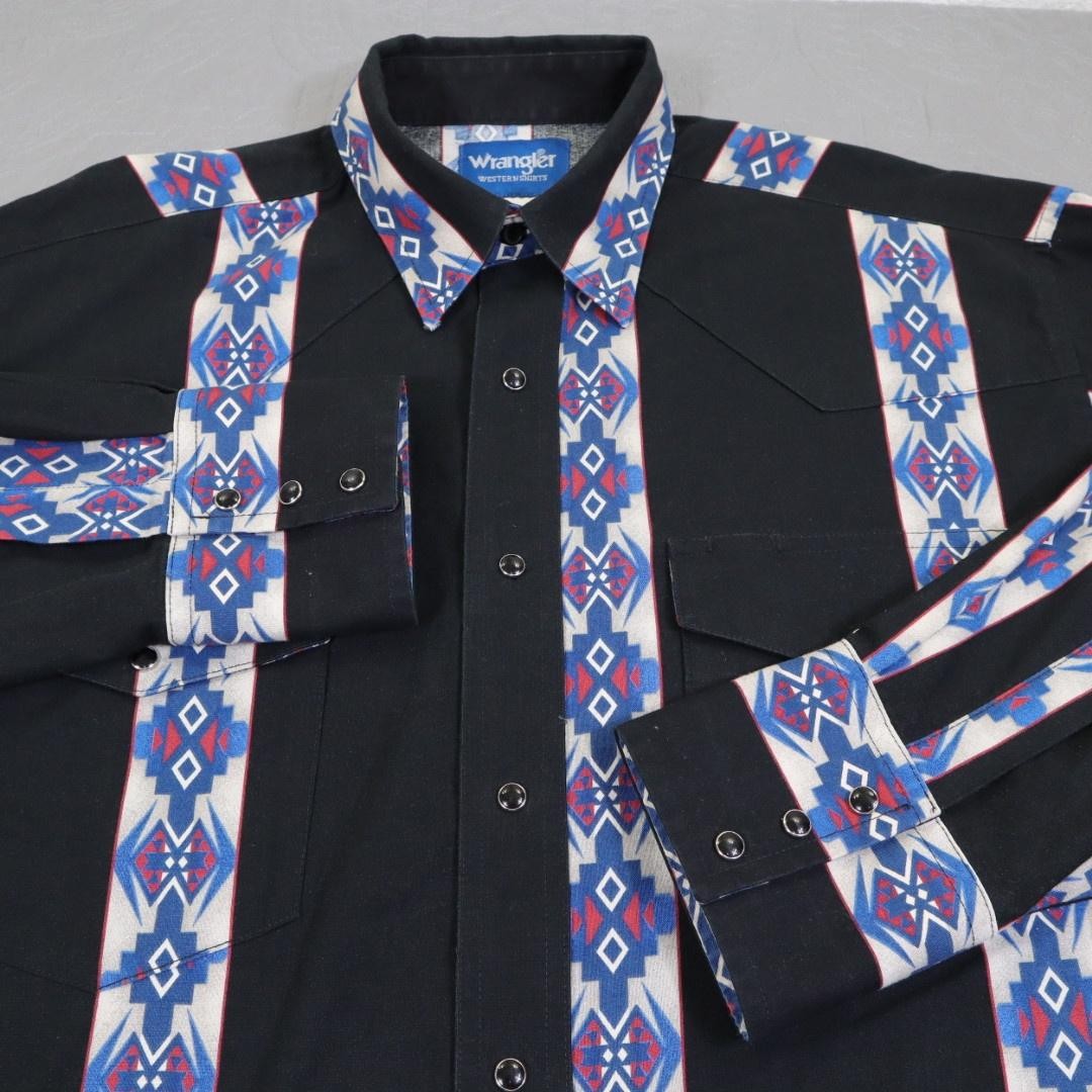 Wrangler Western Shirt Mens Large Black Aztec Geometric Pearl Snap Long Sleeve