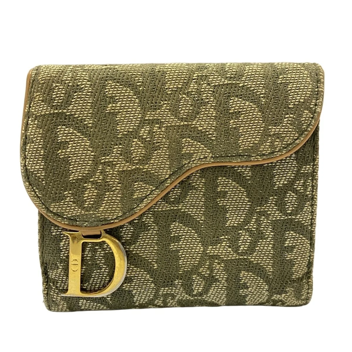 Authentique portefeuille compact selle DIOR/ChristianDior   marron clair kaki multi jacquard