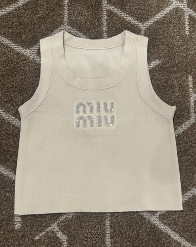Miu Miu Ivory Ribbed Knit Sleeveless Tank Crop Top Crystal Logo Sz S PLEASE READ