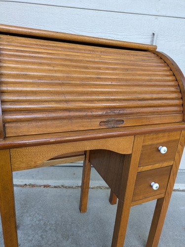 Antique Rustic Wood Child Student Roll Top Secretary Writing Desk - Kids - Picture 12 of 23
