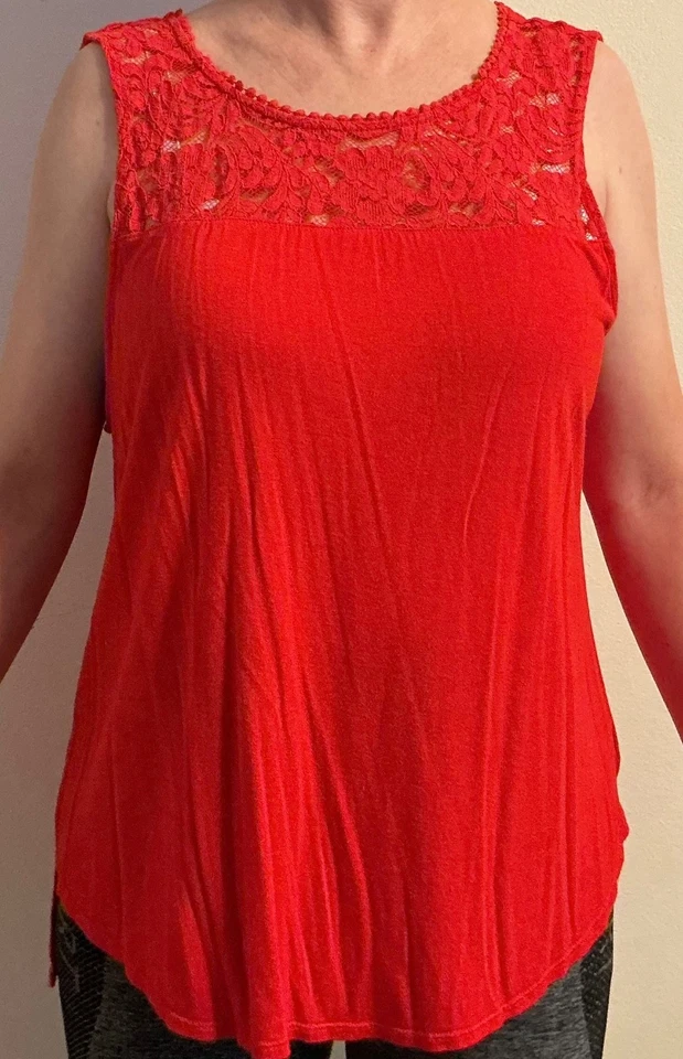 Camiseta sin mangas Ambiance para mujer roja de encaje cami algodón rayón talla Cuello redondo elástico 1XL Foto 2 de 4