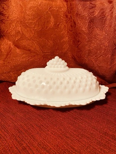Vintage Fenton Hobnail White Milk Glass Butter Dish Domed Lid Scalloped Lace