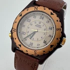 VTG Timex Quartz Watch Men Rotating Bezel Military Dial Camel Band New Battery