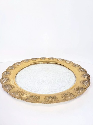 Vtg Reticulated Serving Tray Glass Encased Doily Tin Rim West Germany 14 1/2" - Picture 4 of 6