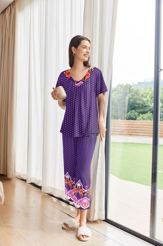 Women's Capri Pajama Set Short Sleeve Top and Pants 2 Piece Sleepwear Floral ... - Picture 5 of 6
